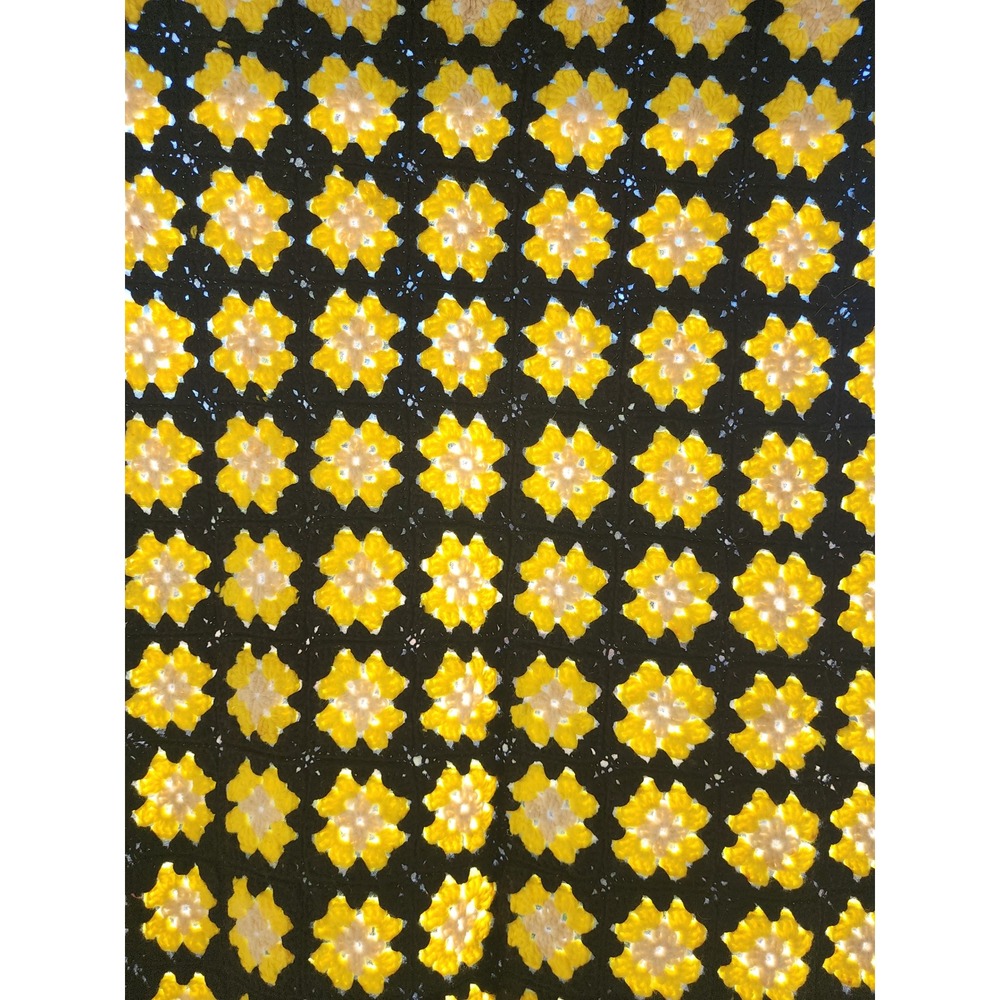 Vintage Handmade Crochet Granny Square Floral Throw Blanket Yellow Black Fringe - Picture 5 of 5